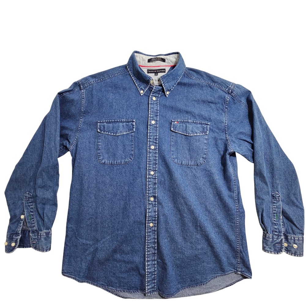 Tommy Hilfiger Vintage Denim Shirt XL Blue Button Down Long Sleeve Logo